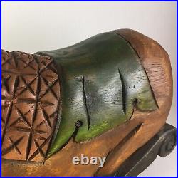 Vintage Carved Wood Exotic Primitive Rocking Horse Pig Ethnic Green Folk Art