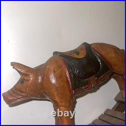 Vintage Carved Wood Exotic Primitive Rocking Horse Pig Ethnic Painted Folk Art