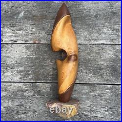 Vintage Carved Wood Modern Abstract Art Sculpture Mounted on Stone Signed OOAK