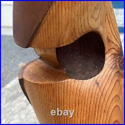 Vintage Carved Wood Modern Abstract Art Sculpture Mounted on Stone Signed OOAK