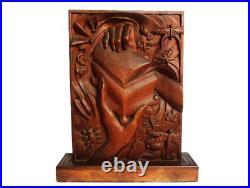 Vintage Carved Wood Panel Hands & Box of Insects Dragonfly Moth Teak Sculpture