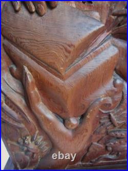 Vintage Carved Wood Panel Hands & Box of Insects Dragonfly Moth Teak Sculpture