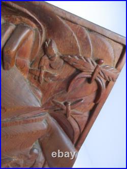 Vintage Carved Wood Panel Hands & Box of Insects Dragonfly Moth Teak Sculpture