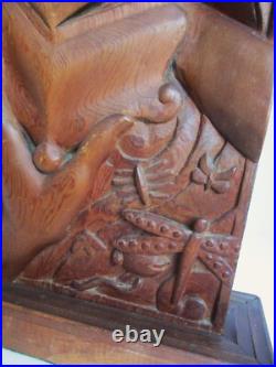 Vintage Carved Wood Panel Hands & Box of Insects Dragonfly Moth Teak Sculpture