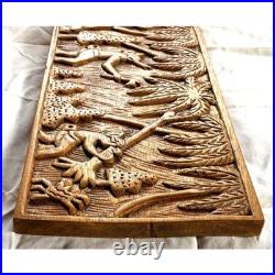 Vintage Carved Wood Panel Indigenous Tomahawk Palm Tree Brown Tropical Ladder