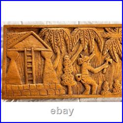 Vintage Carved Wood Panel Indigenous Tomahawk Palm Tree Brown Tropical Ladder