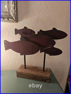 Vintage Carved Wood School Of Fish Sculpture, Elevated On WoodBlock-Very Good