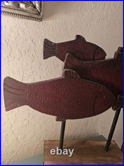 Vintage Carved Wood School Of Fish Sculpture, Elevated On WoodBlock-Very Good