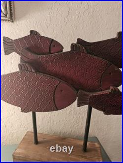Vintage Carved Wood School Of Fish Sculpture, Elevated On WoodBlock-Very Good