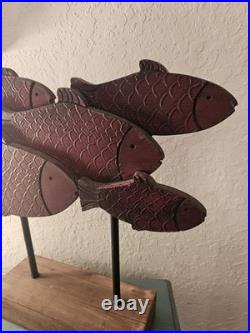 Vintage Carved Wood School Of Fish Sculpture, Elevated On WoodBlock-Very Good