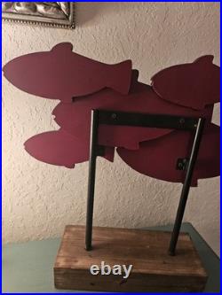 Vintage Carved Wood School Of Fish Sculpture, Elevated On WoodBlock-Very Good