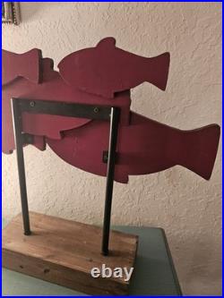 Vintage Carved Wood School Of Fish Sculpture, Elevated On WoodBlock-Very Good