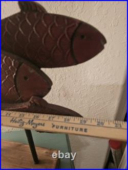 Vintage Carved Wood School Of Fish Sculpture, Elevated On WoodBlock-Very Good