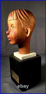Vintage Carved Wood Sculpture Head of a Boy American California 1935 Art Deco