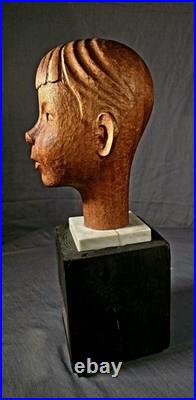 Vintage Carved Wood Sculpture Head of a Boy American California 1935 Art Deco