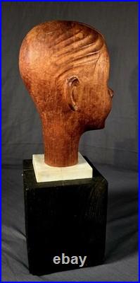 Vintage Carved Wood Sculpture Head of a Boy American California 1935 Art Deco