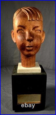 Vintage Carved Wood Sculpture Head of a Boy American California 1935 Art Deco