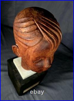 Vintage Carved Wood Sculpture Head of a Boy American California 1935 Art Deco