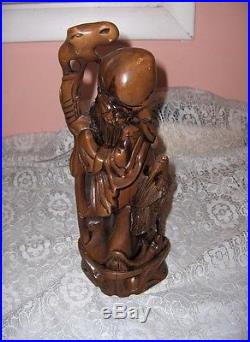 Vintage Carved Wood Sculpture Statue Old Chinese Wise Man Stick Bird Stork NICE