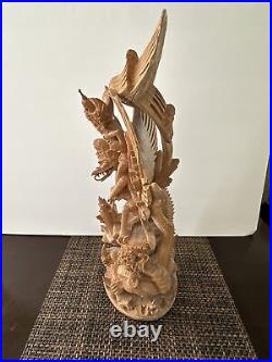 Vintage Carved Wood Sculpture Vishnu Riding Garuda 16.5 Exquisite Pice