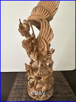 Vintage Carved Wood Sculpture Vishnu Riding Garuda 16.5 Exquisite Pice