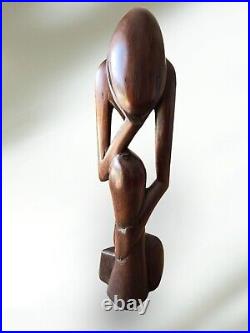 Vintage Carved Wood Thinking Man Sculpture 20 tall Art Sculpture The Thinker