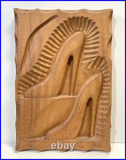 Vintage Carved Wood Wall Plaque Sculpture High Heel Shoes Signed Dated 1989