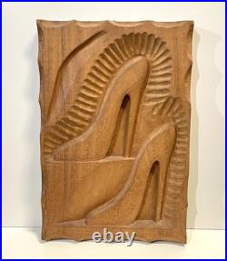 Vintage Carved Wood Wall Plaque Sculpture High Heel Shoes Signed Dated 1989