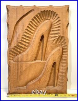 Vintage Carved Wood Wall Plaque Sculpture High Heel Shoes Signed Dated 1989