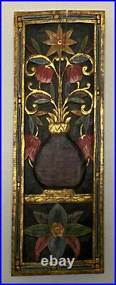 Vintage Carved Wood Wall Sculpture Shingle Panel Plaque Painted Floral 37.5