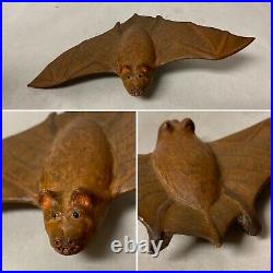 Vintage Carved Wood Winged Bat Folk Art Sculpture Signed