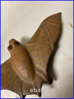 Vintage Carved Wood Winged Bat Folk Art Sculpture Signed