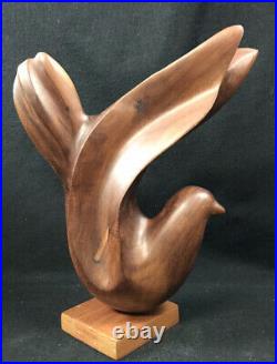 Vintage Carved Wooden Dove Walnut Signed D G Mid Century Modern Peace