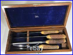 Vintage Case XX Stag-Handled Carving Knife, Fork & Sharpener With Wood Case