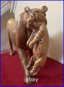 Vintage Cheetah & Cub Wood Figurine Sculpture Carved Handmade 20