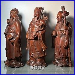 Vintage China Wooden Carved Three God of Longevity Figure Statue Wood Sculpture