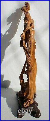 Vintage Chinese 2 Woman Playing Instruments Soaring Boxwood Statue Sculpture