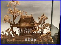 Vintage Chinese Asian Carved Cork 3D Scene Sculpture Glass Diorama Brown Frame