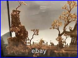 Vintage Chinese Asian Carved Cork 3D Scene Sculpture Glass Diorama Brown Frame