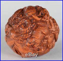Vintage Chinese Carved Wood Zodiac Animal Ball Signed