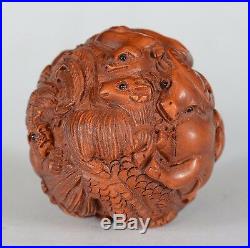 Vintage Chinese Carved Wood Zodiac Animal Ball Signed