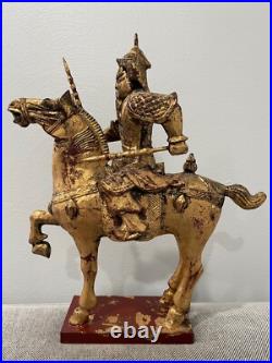 Vintage Chinese Gilded Wood Warrior on Horse Statue / Sculpture