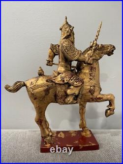 Vintage Chinese Gilded Wood Warrior on Horse Statue / Sculpture