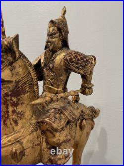 Vintage Chinese Gilded Wood Warrior on Horse Statue / Sculpture