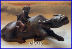 Vintage Chinese Hand Carved Wood Sculpture of a Boy/Man On a Water Buffalo/Oxen