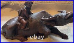 Vintage Chinese Hand Carved Wood Sculpture of a Boy/Man On a Water Buffalo/Oxen