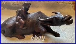 Vintage Chinese Hand Carved Wood Sculpture of a Boy/Man On a Water Buffalo/Oxen