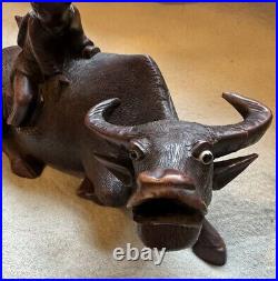 Vintage Chinese Hand Carved Wood Sculpture of a Boy/Man On a Water Buffalo/Oxen