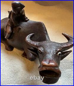 Vintage Chinese Hand Carved Wood Sculpture of a Boy/Man On a Water Buffalo/Oxen