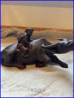 Vintage Chinese Hand Carved Wood Sculpture of a Boy/Man On a Water Buffalo/Oxen